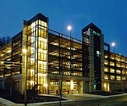 lit up parking garage